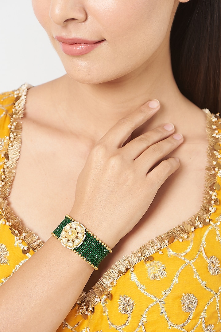 Gold Finish Pachi Kundan Polki & Green Stone Bracelet by VASTRAA Jewellery