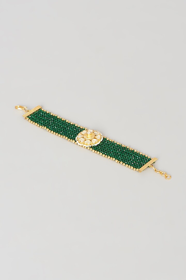 Gold Finish Pachi Kundan Polki & Green Stone Bracelet by VASTRAA Jewellery at Pernia's Pop Up Shop