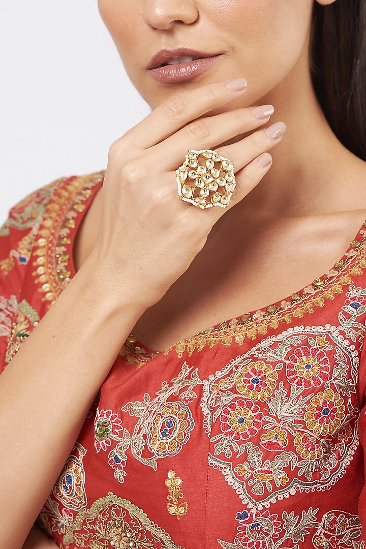 Gold Finish Pachi Kundan Polki Ring by VASTRAA Jewellery