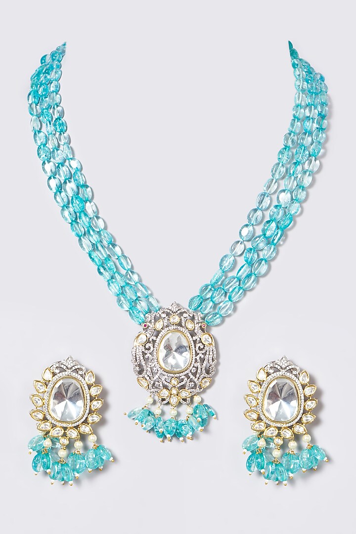 Gold Finish Sapphire Synthetic Stone & Pachi Kundan Polki Necklace Set by VASTRAA Jewellery at Pernia's Pop Up Shop