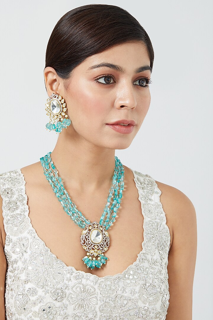 Gold Finish Sapphire Synthetic Stone & Pachi Kundan Polki Necklace Set by VASTRAA Jewellery at Pernia's Pop Up Shop