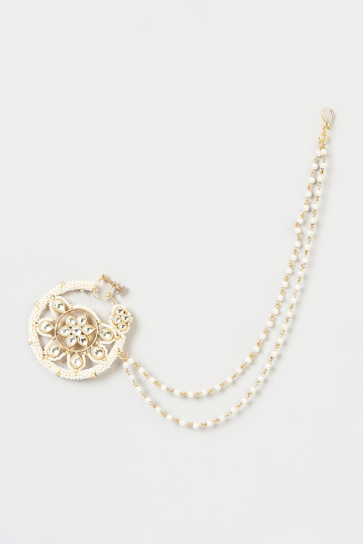 Gold Finish Pachi Kundan Polki & Pearl Nose Ring by VASTRAA Jewellery at Pernia's Pop Up Shop