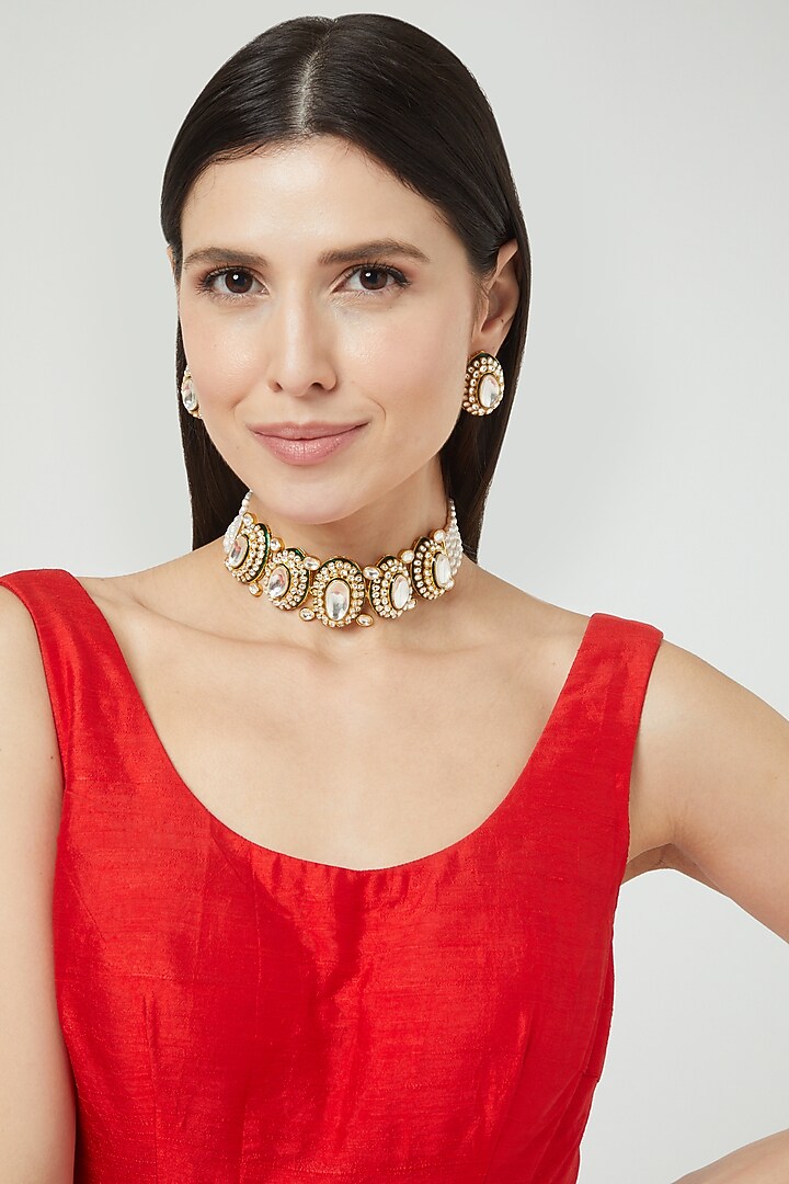 Gold Finish Pachi Kundan Polki & Zircon Choker Necklace Set by VASTRAA Jewellery at Pernia's Pop Up Shop