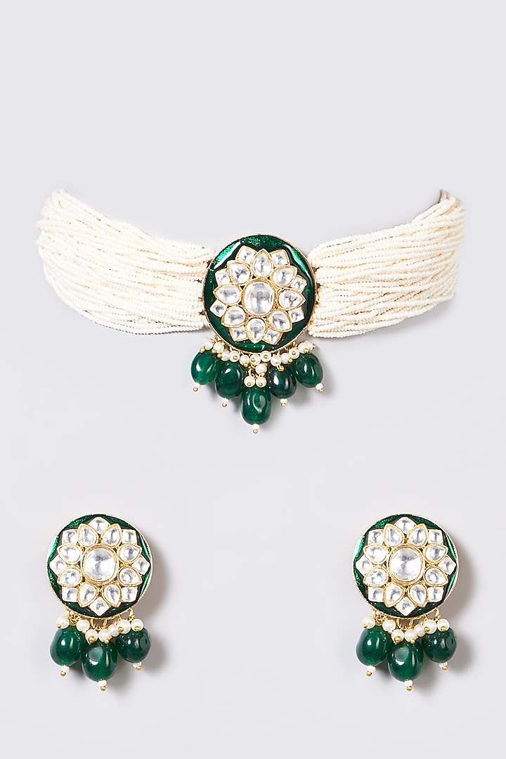 Gold Finish Pearl & Pachi Kundan Polki Choker Necklace Set by VASTRAA Jewellery