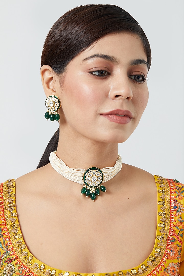 Gold Finish Pearl & Pachi Kundan Polki Choker Necklace Set by VASTRAA Jewellery at Pernia's Pop Up Shop
