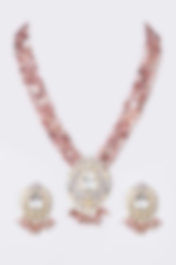 Gold Finish Pink Synthetic Stone & Pachi Kundan Polki Long Necklace Set by VASTRAA Jewellery