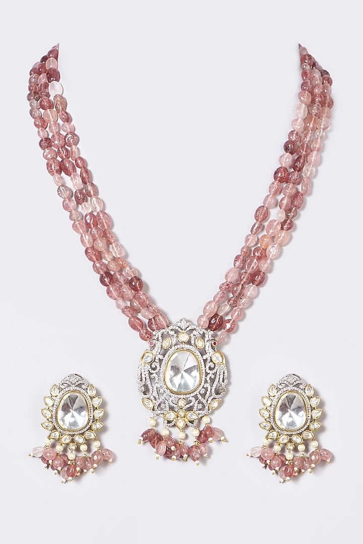 Gold Finish Pink Synthetic Stone & Pachi Kundan Polki Long Necklace Set by VASTRAA Jewellery at Pernia's Pop Up Shop
