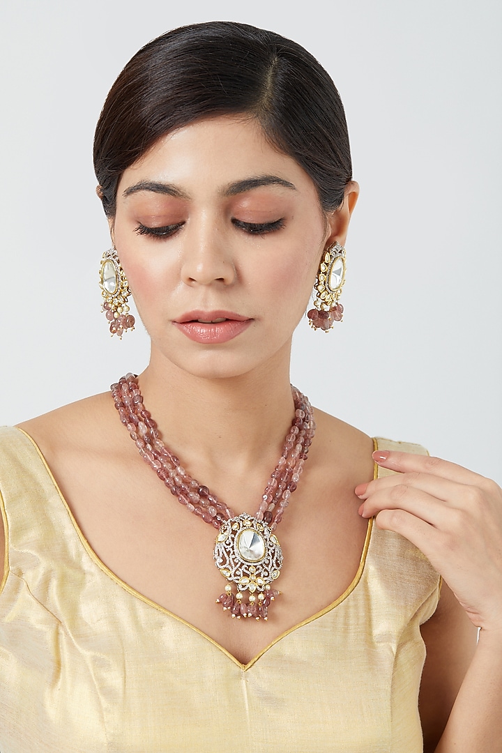 Gold Finish Pink Synthetic Stone & Pachi Kundan Polki Long Necklace Set by VASTRAA Jewellery at Pernia's Pop Up Shop