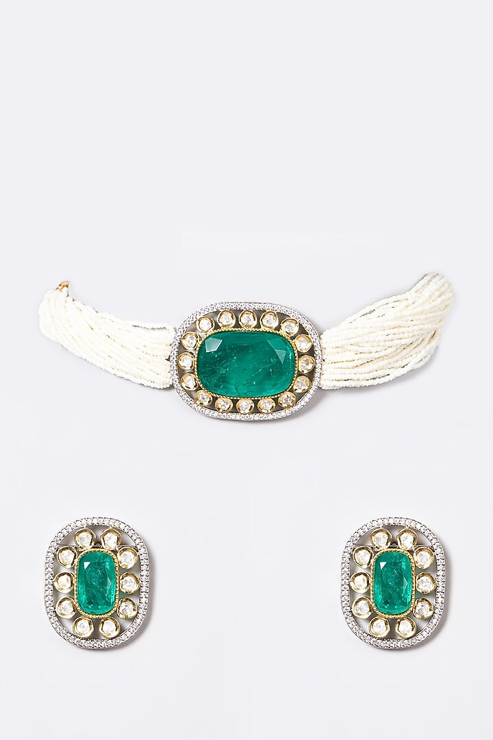 Gold Finish Pearl & Emerald Synthetic Stone Choker Necklace Set by VASTRAA Jewellery at Pernia's Pop Up Shop