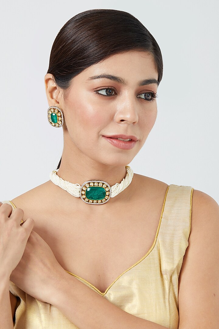 Gold Finish Pearl & Emerald Synthetic Stone Choker Necklace Set by VASTRAA Jewellery at Pernia's Pop Up Shop