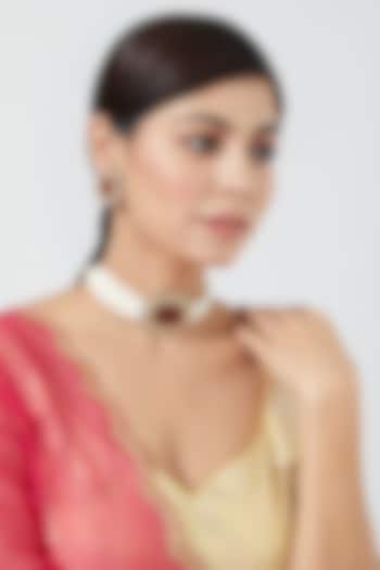 Gold Finish Ruby Synthetic & Pachi Kundan Polki Necklace Set by VASTRAA Jewellery at Pernia's Pop Up Shop