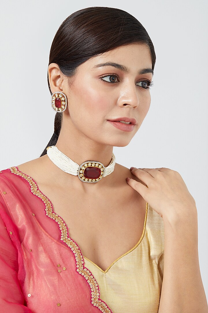 Gold Finish Ruby Synthetic & Pachi Kundan Polki Necklace Set by VASTRAA Jewellery at Pernia's Pop Up Shop