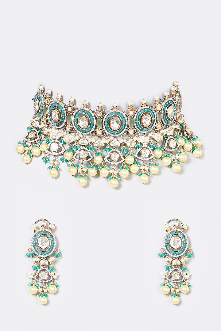 Gold Finish Emerald Synthetic Stone & Pachi Kundan Polki Necklace Set by VASTRAA Jewellery at Pernia's Pop Up Shop