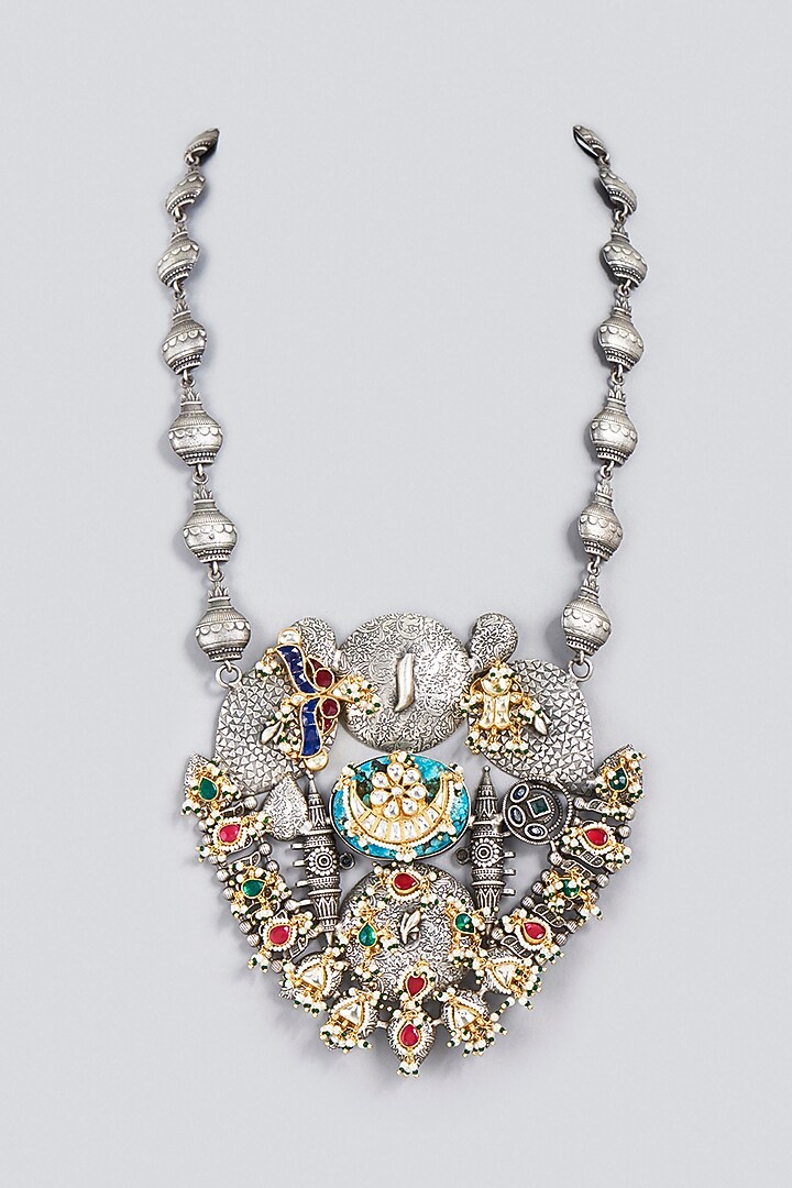 Oxidized Finish Synthetic Stone & Kundan Polki Long Necklace by VASTRAA Jewellery at Pernia's Pop Up Shop