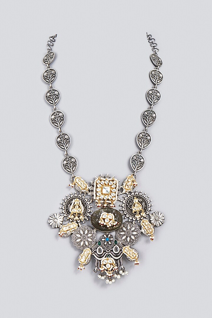 Oxidized Finish Kundan Polki & Synthetic Stone Long Necklace by VASTRAA Jewellery at Pernia's Pop Up Shop