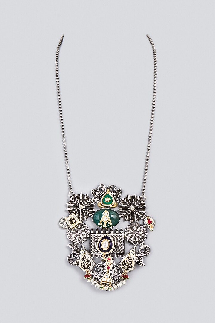 Oxidized Finish Kundan Polki & Synthetic Stone Long Necklace by VASTRAA Jewellery at Pernia's Pop Up Shop
