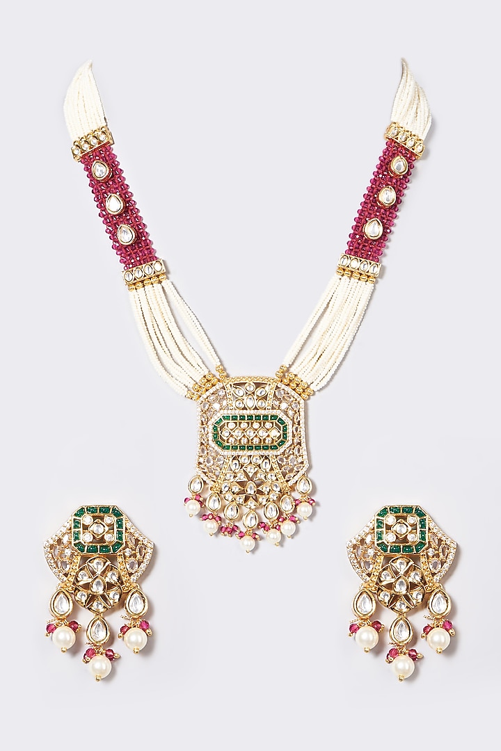 Gold Finish Necklace Set With Pearl by VASTRAA Jewellery at Pernia's Pop Up Shop