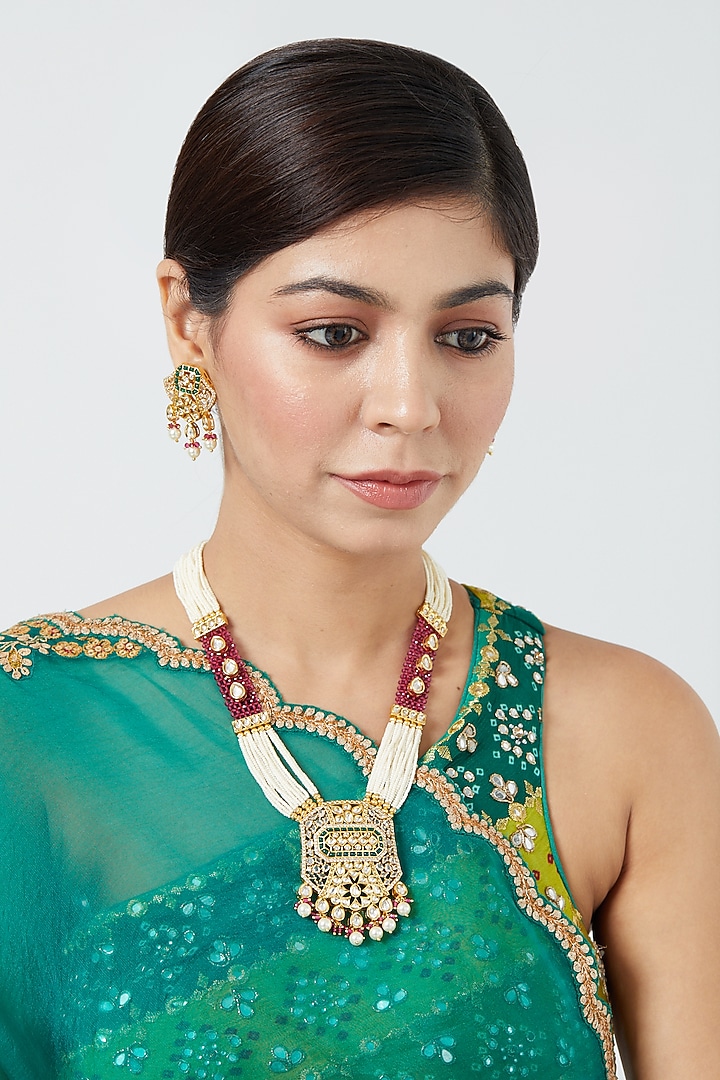 Gold Finish Necklace Set With Pearl by VASTRAA Jewellery at Pernia's Pop Up Shop