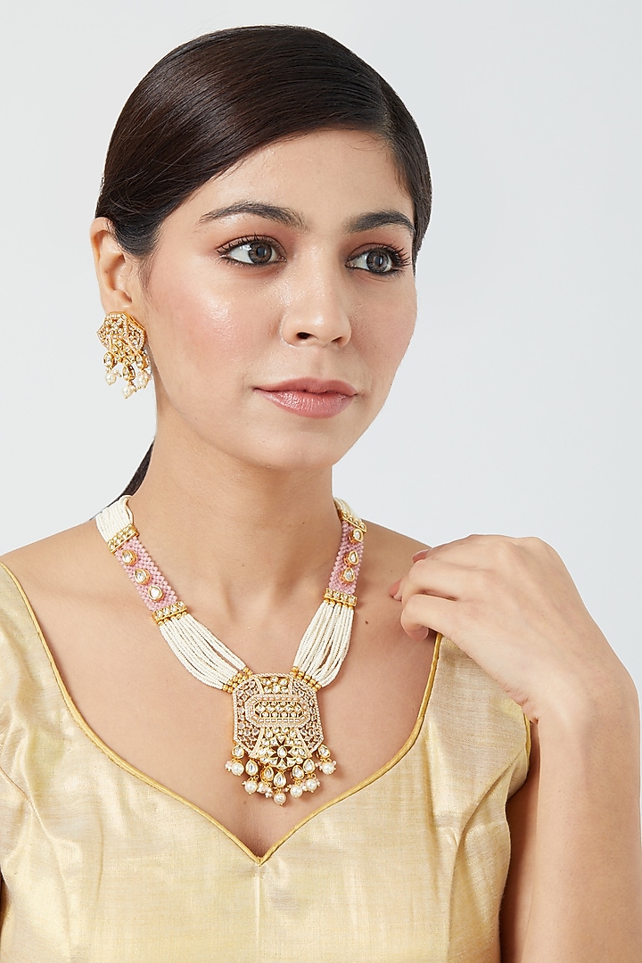 Gold Finish Pearl Necklace Set In Mixed Metal by VASTRAA Jewellery at Pernia's Pop Up Shop