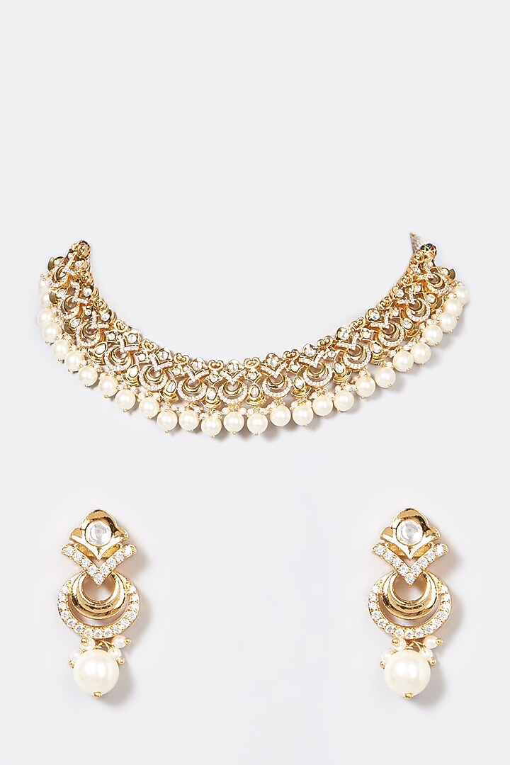 Gold Finish Pachi Kundan Polki & Pearl Choker Necklace Set by VASTRAA Jewellery at Pernia's Pop Up Shop
