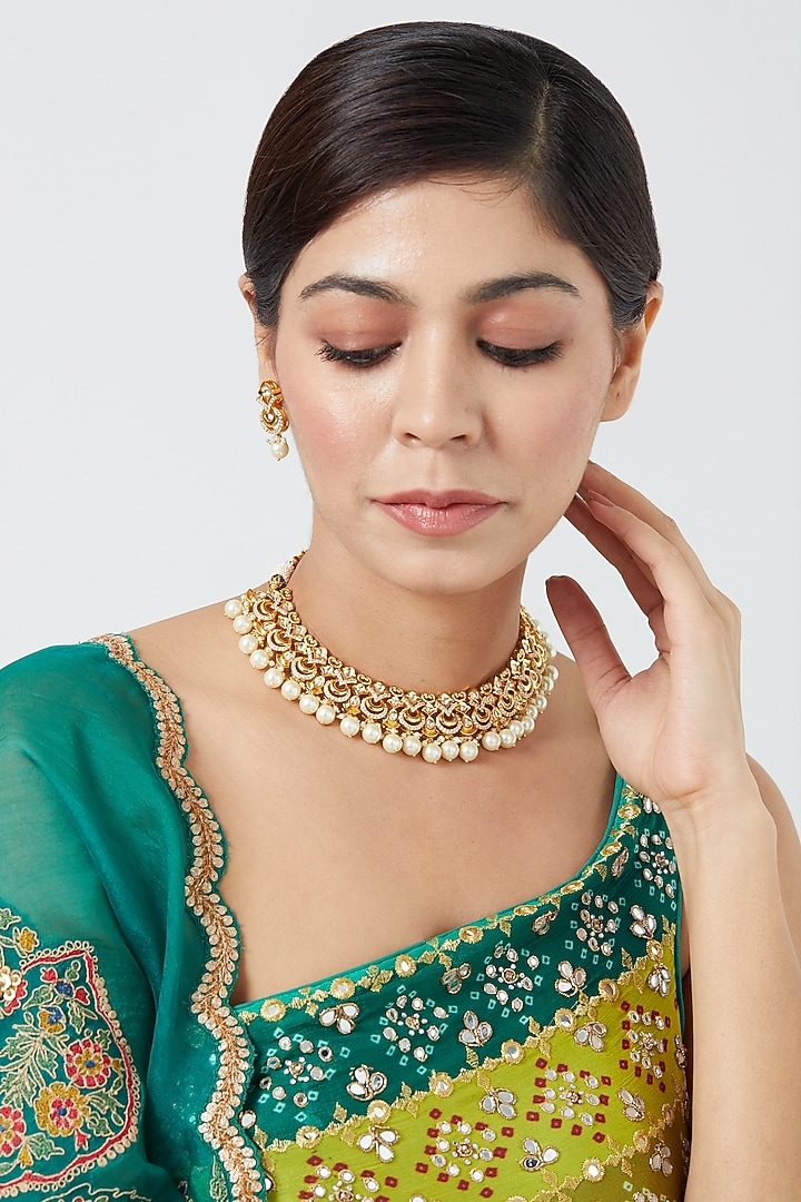 Gold Finish Pachi Kundan Polki & Pearl Choker Necklace Set by VASTRAA Jewellery at Pernia's Pop Up Shop