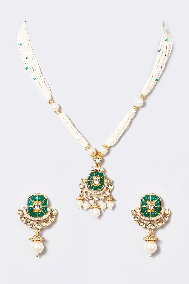 Gold Finish Pearl Long Necklace Set by VASTRAA Jewellery at Pernia's Pop Up Shop