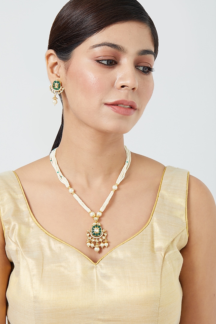Gold Finish Pearl Long Necklace Set by VASTRAA Jewellery at Pernia's Pop Up Shop