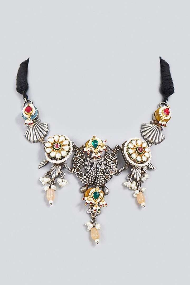 Oxidized Finish Synthetic Stone & Kundan Polki Choker Necklace by VASTRAA Jewellery at Pernia's Pop Up Shop