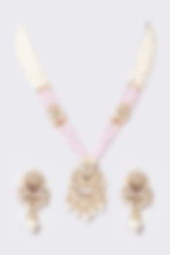 Gold Finish Pachi Kundan Polki & Pearl Long Necklace Set by VASTRAA Jewellery