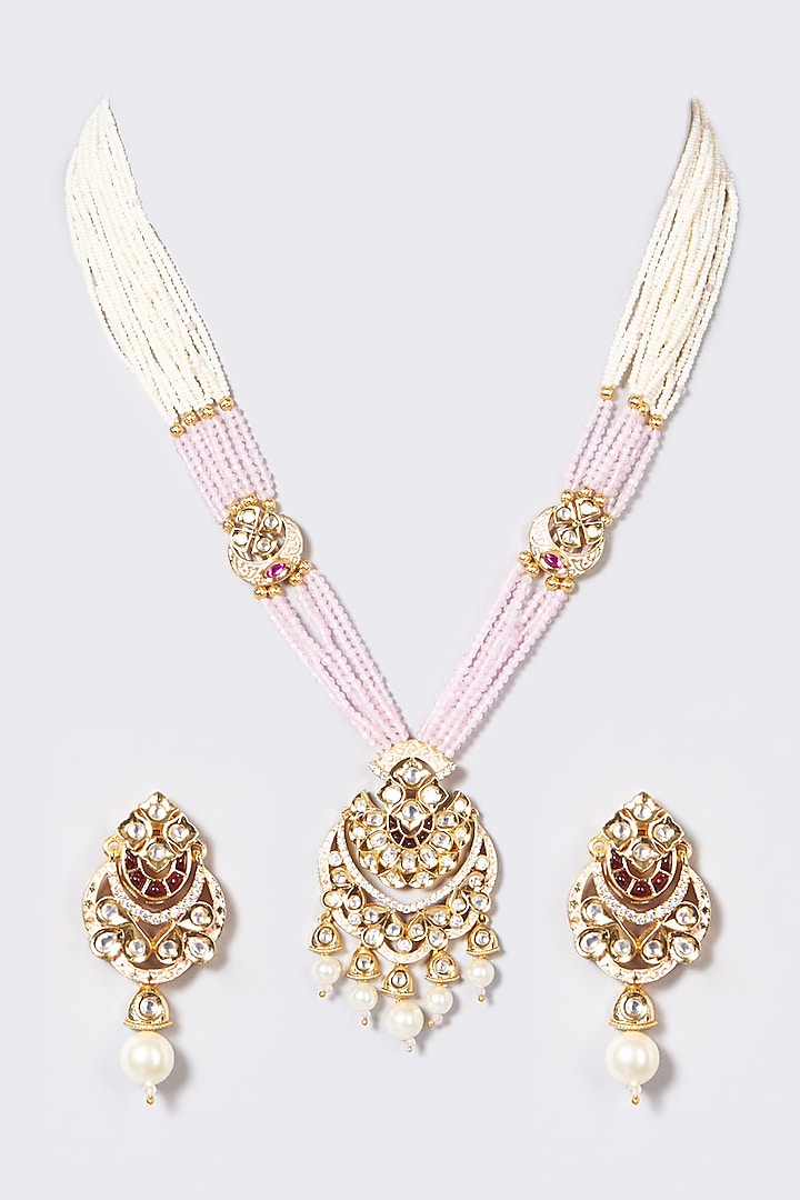 Gold Finish Pachi Kundan Polki & Pearl Long Necklace Set by VASTRAA Jewellery