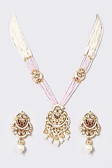 Gold Finish Pachi Kundan Polki & Pearls Long Necklace Set by VASTRAA Jewellery-POPULAR PRODUCTS AT STORE