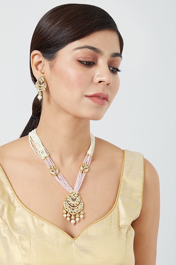 Gold Finish Pachi Kundan Polki & Pearl Long Necklace Set by VASTRAA Jewellery at Pernia's Pop Up Shop
