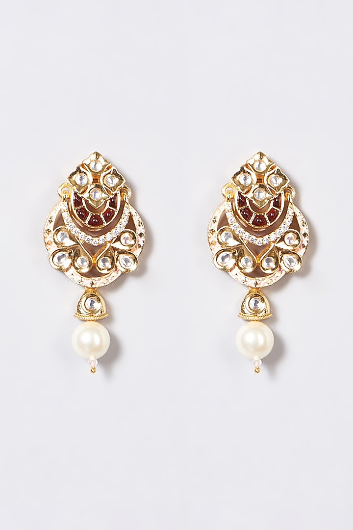 Gold Finish Pachi Kundan Polki & Pearl Long Necklace Set by VASTRAA Jewellery at Pernia's Pop Up Shop