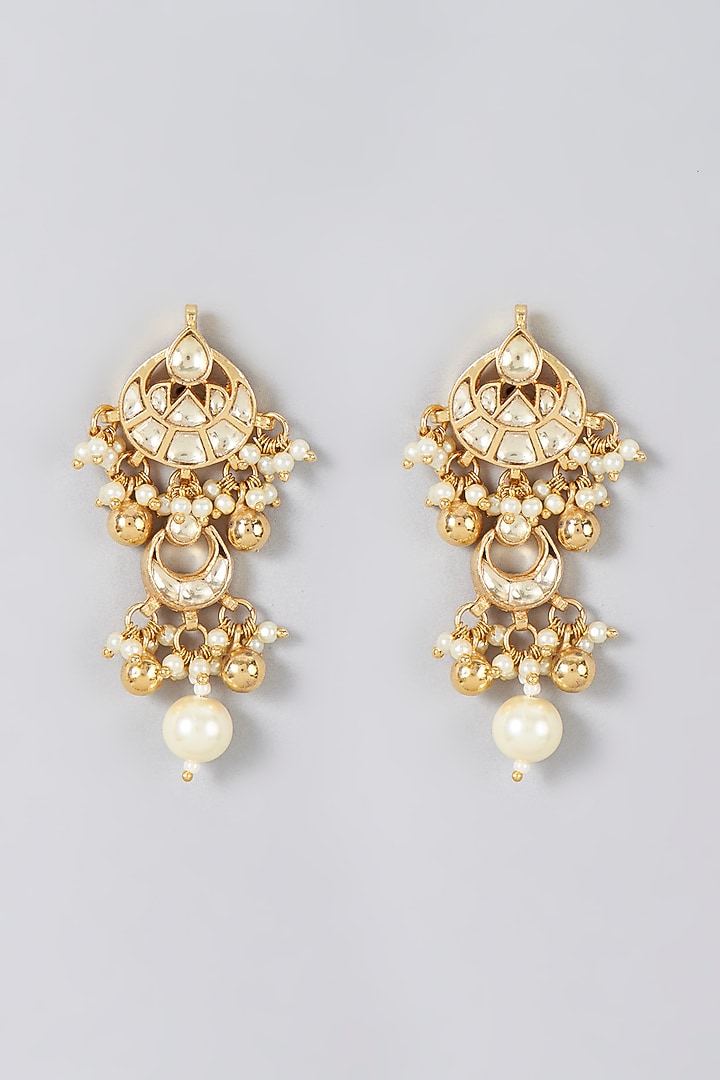 Gold Finish Kundan Polki & Pearl Motif Dangler Earrings by VASTRAA Jewellery at Pernia's Pop Up Shop