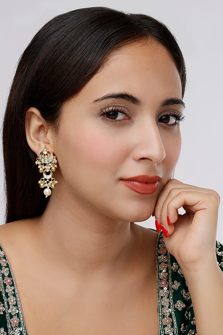 Gold Finish Kundan Polki & Pearl Motif Dangler Earrings by VASTRAA Jewellery at Pernia's Pop Up Shop