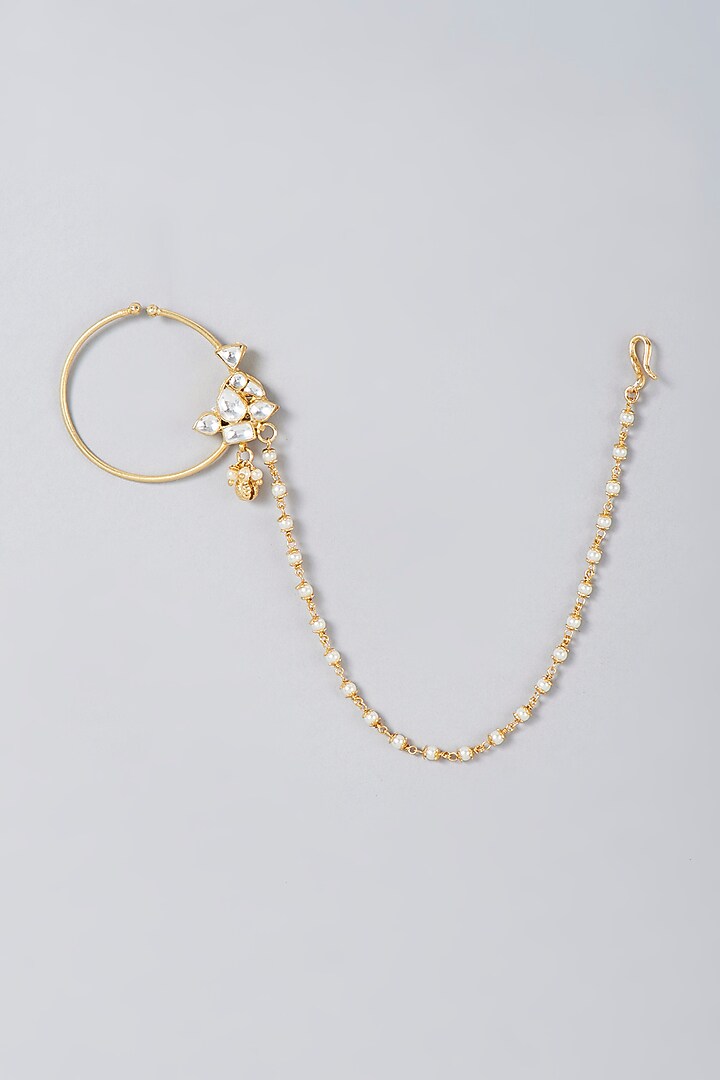Gold Finish Kundan Polki & Pearl Nath by VASTRAA Jewellery at Pernia's Pop Up Shop