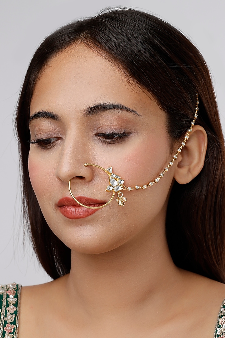 Gold Finish Kundan Polki & Pearl Nath by VASTRAA Jewellery at Pernia's Pop Up Shop