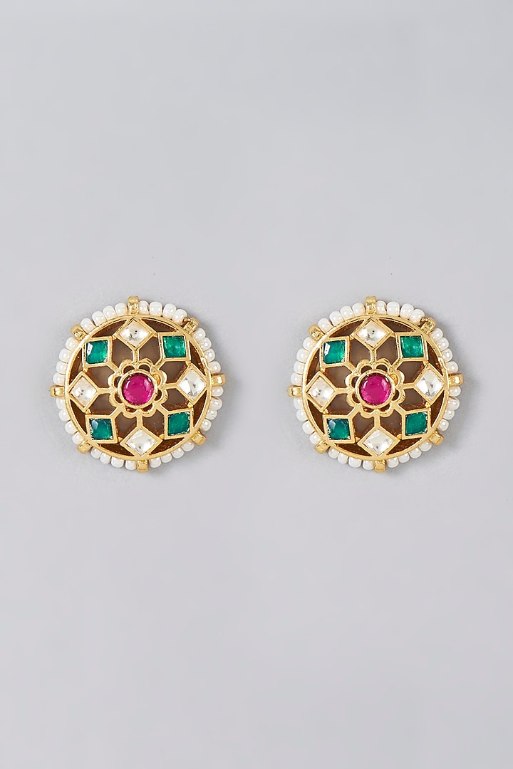 Gold Finish Kundan Polki & Pearl Stud Earrings by VASTRAA Jewellery at Pernia's Pop Up Shop