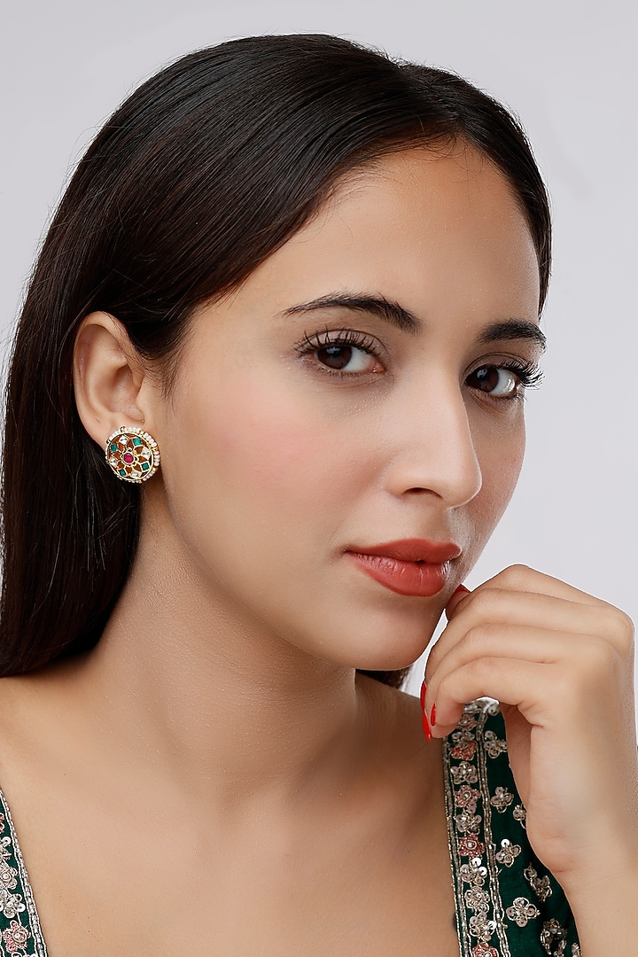 Gold Finish Kundan Polki & Pearl Stud Earrings by VASTRAA Jewellery at Pernia's Pop Up Shop