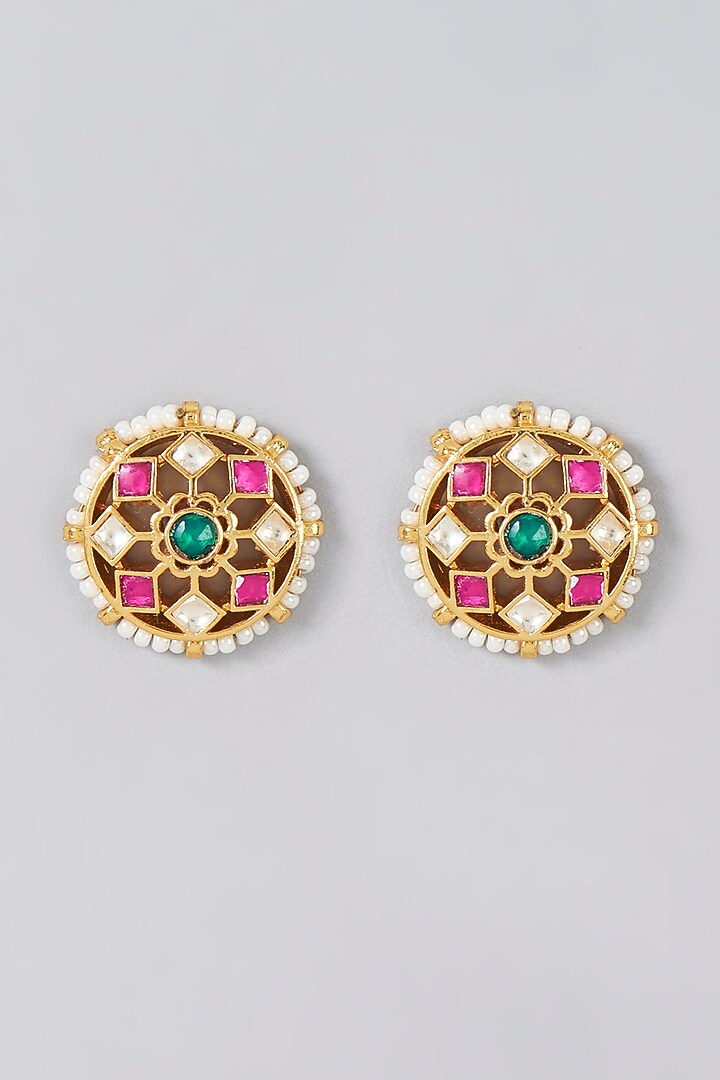 Gold Finish Kundan Polki & Pearl Stud Earrings by VASTRAA Jewellery at Pernia's Pop Up Shop