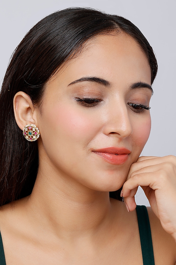 Gold Finish Kundan Polki & Pearl Stud Earrings by VASTRAA Jewellery at Pernia's Pop Up Shop