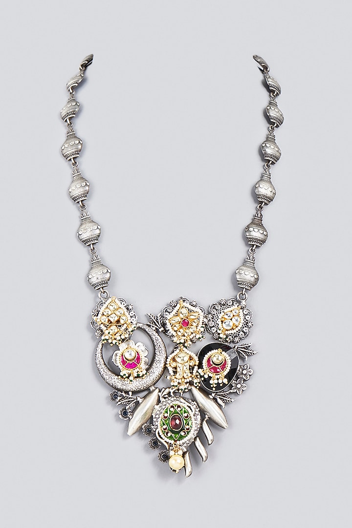Oxidized Finish Kundan Polki & Synthetic Stone Long Necklace by VASTRAA Jewellery at Pernia's Pop Up Shop