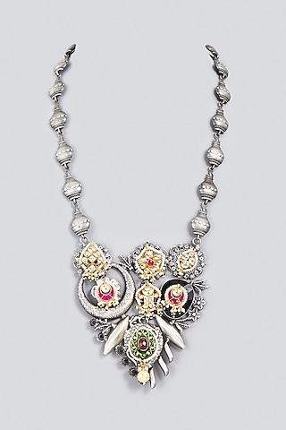 Oxidized Finish Kundan Polki & Synthetic Stone Long Necklace by VASTRAA Jewellery
