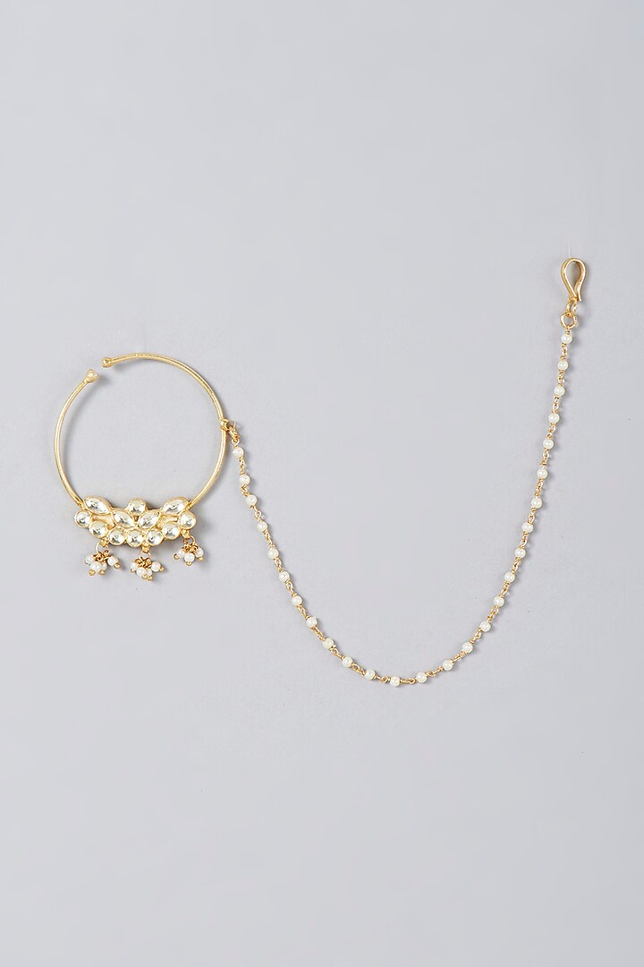 Gold Finish Kundan Polki & Pearl Nath by VASTRAA Jewellery at Pernia's Pop Up Shop