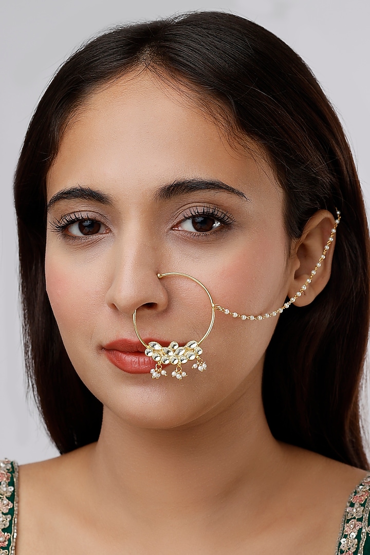 Gold Finish Kundan Polki & Pearl Nath by VASTRAA Jewellery at Pernia's Pop Up Shop