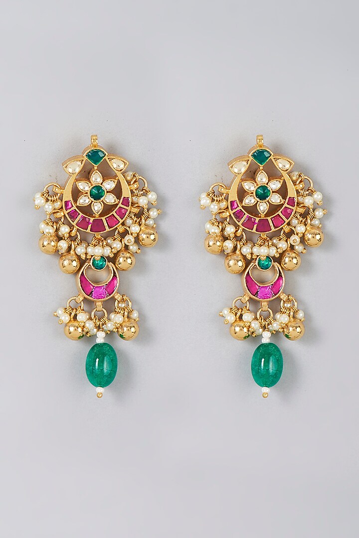 Gold Finish Green Motif & Kundan Polki Dangler Earrings by VASTRAA Jewellery at Pernia's Pop Up Shop
