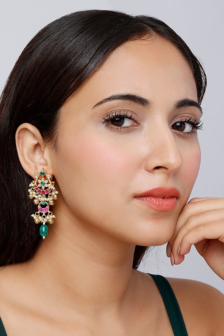 Gold Finish Green Motif & Kundan Polki Dangler Earrings by VASTRAA Jewellery at Pernia's Pop Up Shop