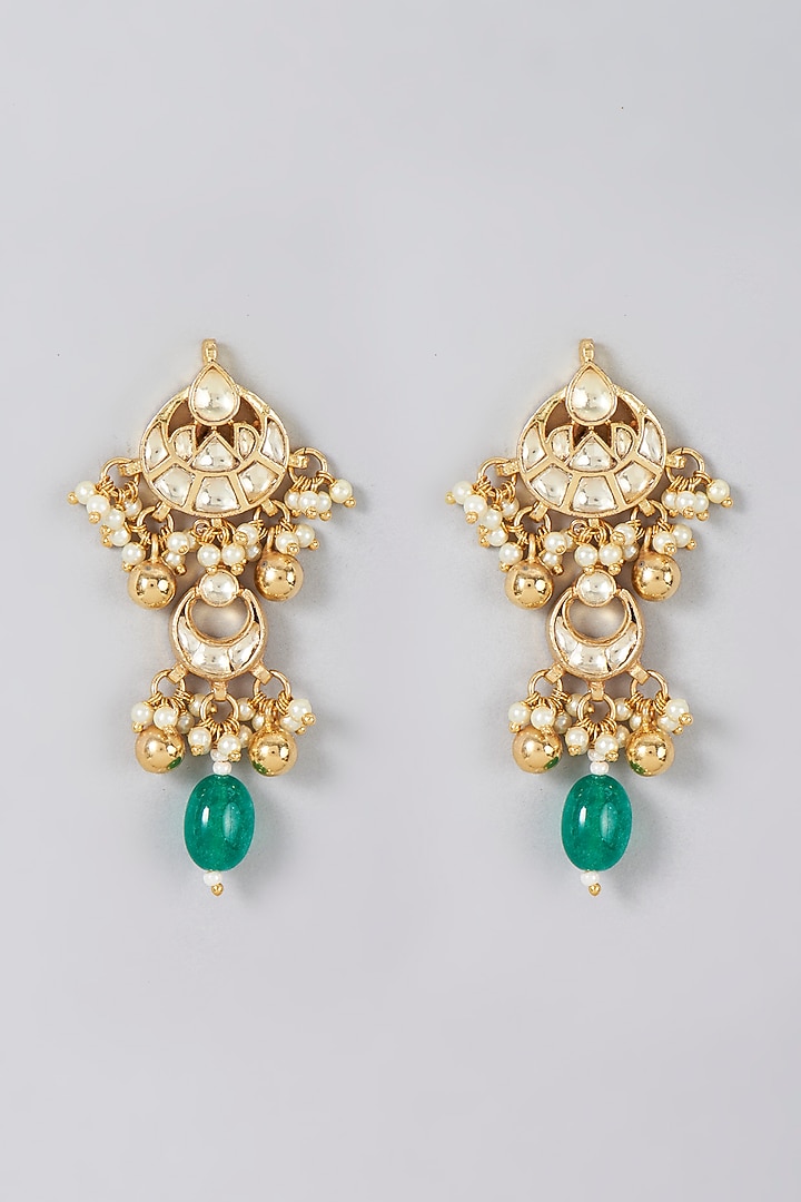 Gold Finish Pearl & Kundan Polki Dangler Earrings by VASTRAA Jewellery at Pernia's Pop Up Shop