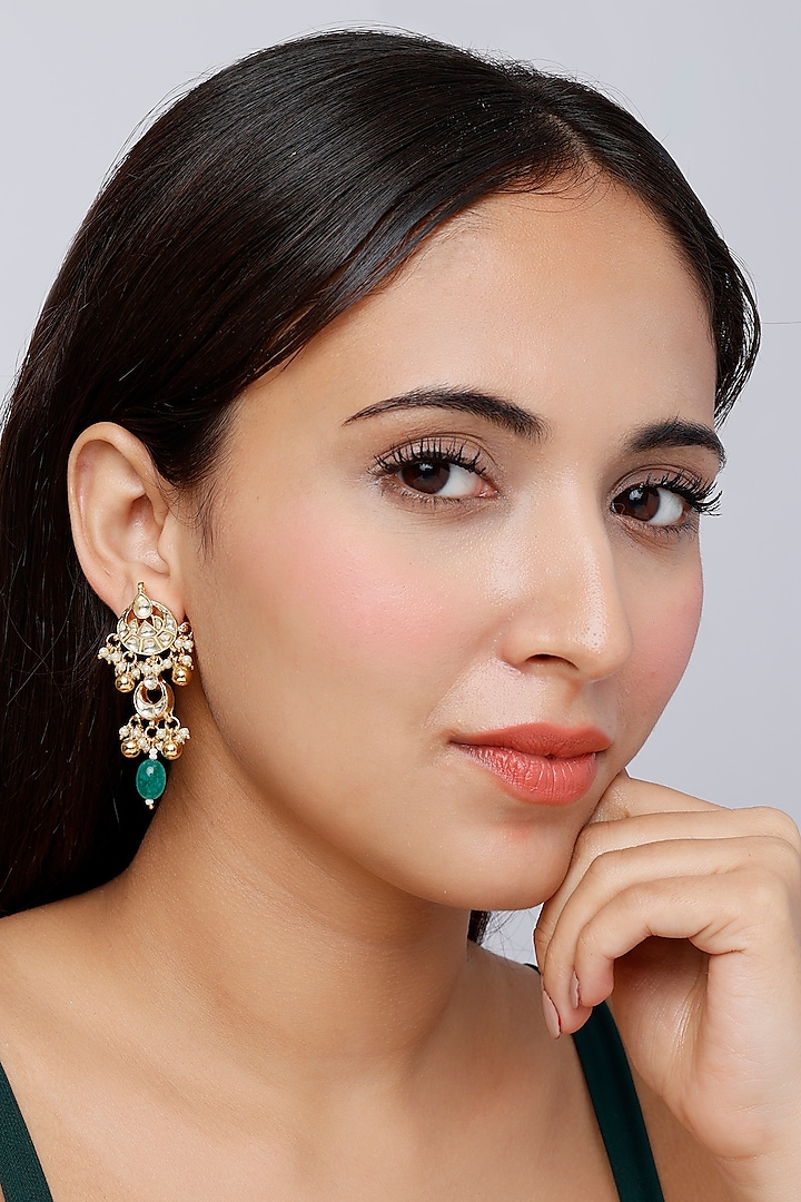 Gold Finish Pearl & Kundan Polki Dangler Earrings by VASTRAA Jewellery