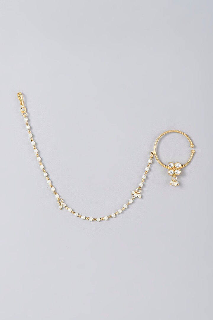 Gold Finish Kundan Polki & Pearl Nath by VASTRAA Jewellery at Pernia's Pop Up Shop